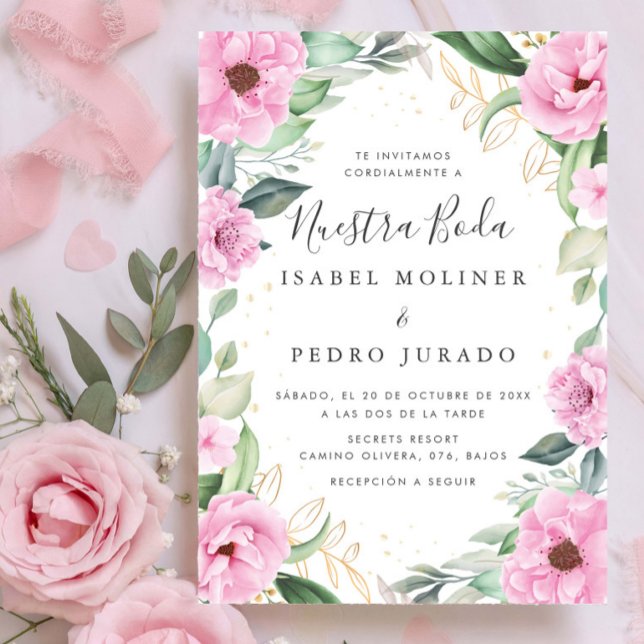 Chic Eucalyptus Rosa ros Nuestra Boda Bröllop Inbjudningar (Skapare uppladdad)
