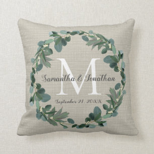 Chic Eucalyptus Utandning Monogram Bröllop Keepsak Kudde