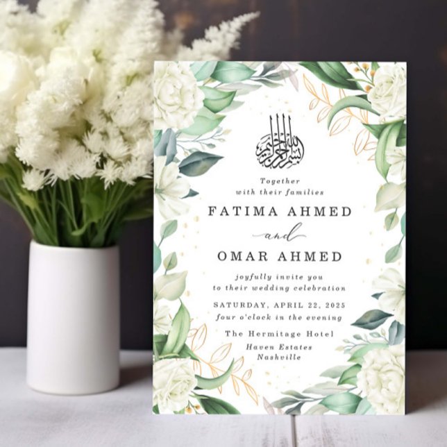 Chic Eucalyptus Vit ros Islamiska muslimska Bröllo Inbjudningar (Skapare uppladdad)