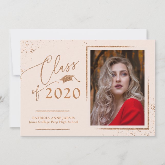 Chic examen annons rosa guld glitter foto inbjudningar (Framsida)