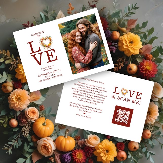 Chic Exquisite Love Quote Fall Floral Heart-Shape  Spara Datumet (Chic Exquisite Love Quote Fall Floral Heart-Shape Wreath Photo Wedding Save the Dates Cards.)