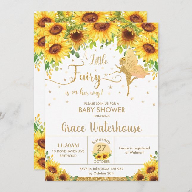 Chic Fairy Solros Blommigt Baby Shower Girl Inbjudningar (Fram/baksida)