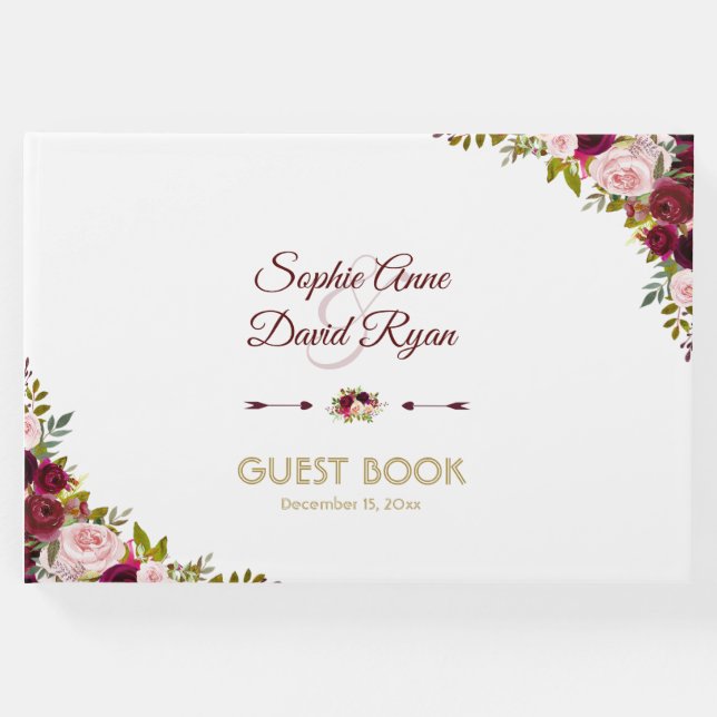Chic Fall Marsala Blommigt Burgundy Bröllop Gästböcker (Framsida)