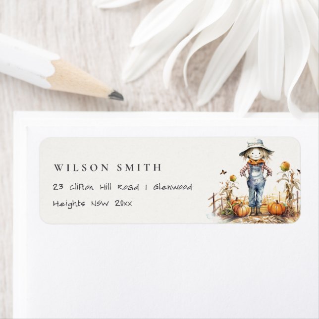 Chic Fall Pumpkin Fågelskrämma Harvest Kids Adress Returadress Etikett (Insitu)