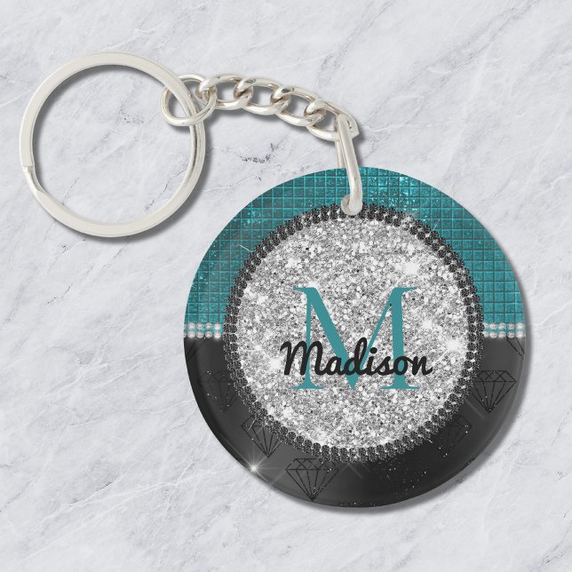 Chic falsk Silver Glitter Turkos Svart monogram (Skapare uppladdad)