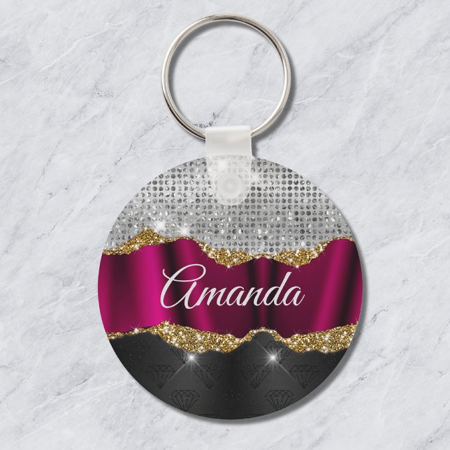 Chic falskt silver glitter Fuchsia svart monogram Nyckelring (Skapare uppladdad)