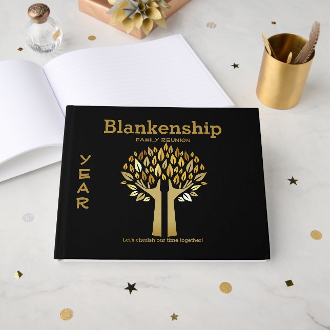 Chic Family Reunion Händer Up Träd Löv Anpassnings Gästböcker (Framsida Öppen)