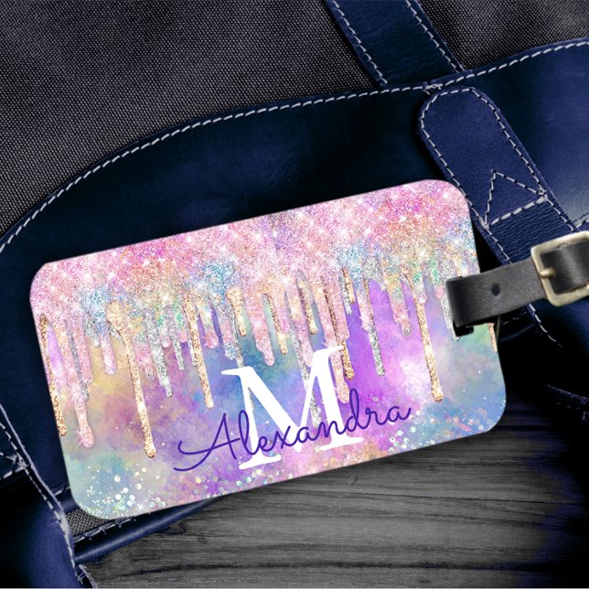 Chic, färgad enmajsdropp glitter monogram bagagebricka (Skapare uppladdad)