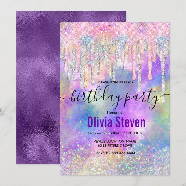 Chic färglös enmajsdropp glitter monogram i inbjudningar (Fram/baksida)