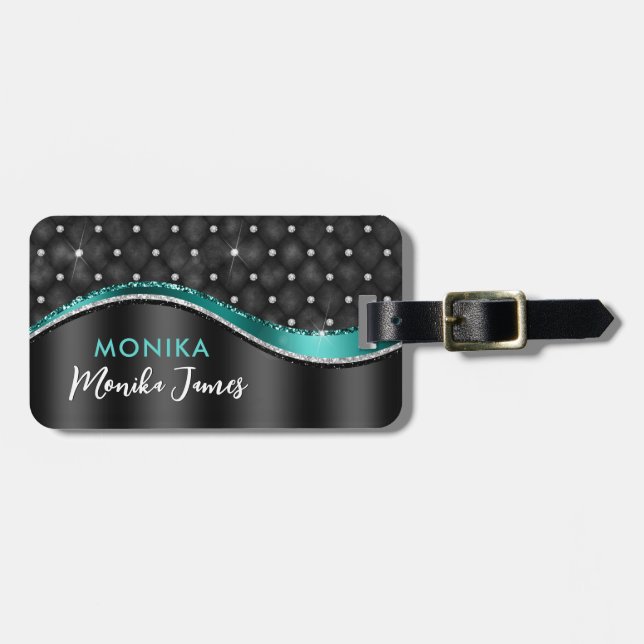 Chic Faux Borstad Metall Svart Teal Monogramm Bagagebricka (Horisontell Framsida)