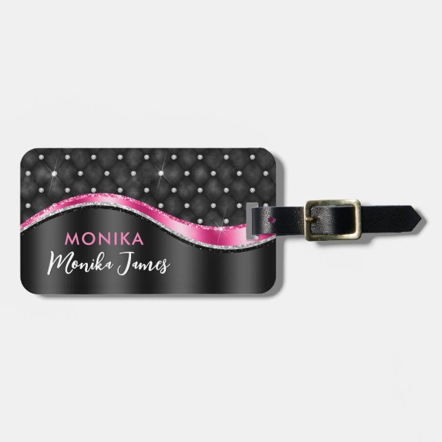 Chic Faux Brushed Metall Black Fuchsia Monogram Bagagebricka (Horisontell Framsida)