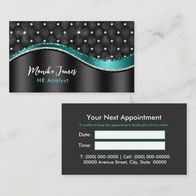 Chic Faux Brushed Metall Black Teal Monogram Tidsbeställning Kort (Fram/baksida)