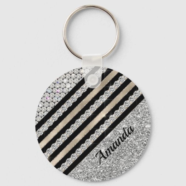 Chic faux Crystal och Silver glitter Personlig Nyckelring (Framsida)