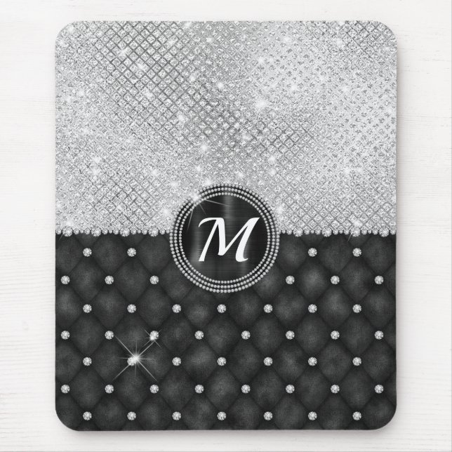 Chic Faux Crystal Silver Black Diamond Monogram Musmatta (Framsidan)