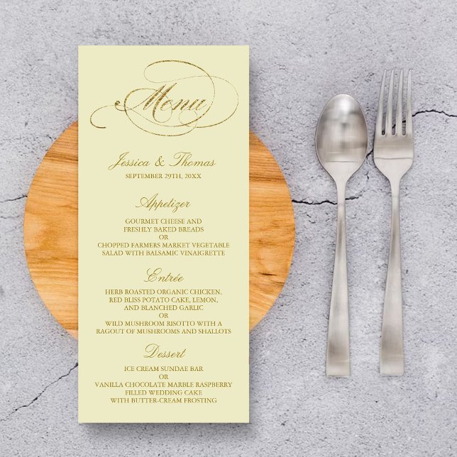 Chic Faux Gold Foil Bröllop Menu Template - Ivory Reklamkort (Skapare uppladdad)