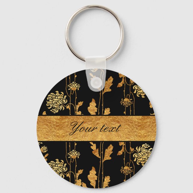 Chic Faux Gold Foil Flowers on Black Nyckelring (Framsida)