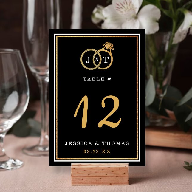 Chic Faux Gold Foil Monogram Bröllop Ringar Bordsnummer (Skapare uppladdad)