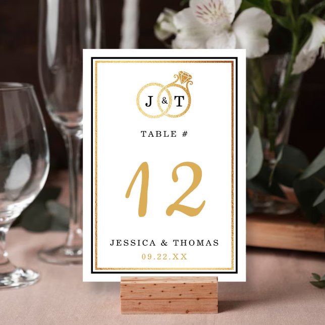 Chic Faux Gold Foil Monogram Bröllop Ringar Bordsnummer (Skapare uppladdad)