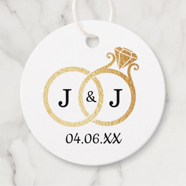Chic Faux Gold Foil Monogram Bröllop Ringar Gåvor Etiketter (Framsida)