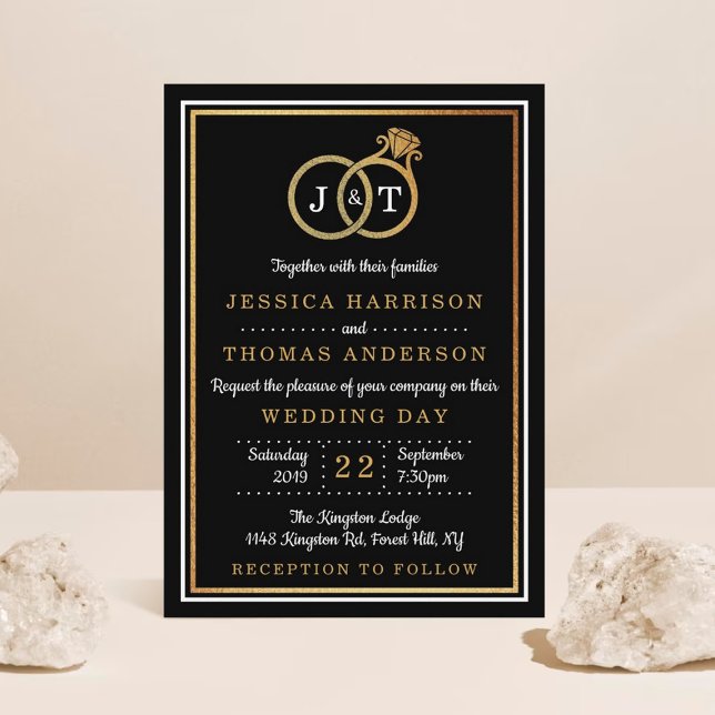 Chic Faux Gold Foil Monogram Bröllop Ringar Inbjudningar (Skapare uppladdad)