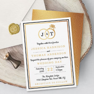 Chic Faux Gold Foil Monogram Bröllop Ringar Inbjudningar