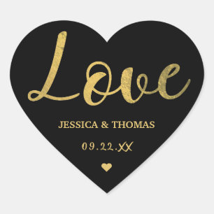 Chic Faux Gold Foil Typography Script Kärlek Bröll Hjärtformat Klistermärke