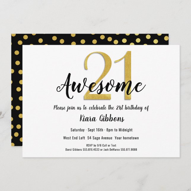 Chic Faux Guld 21:a födelsedagsinbjudan Inbjudningar (Fram/baksida)