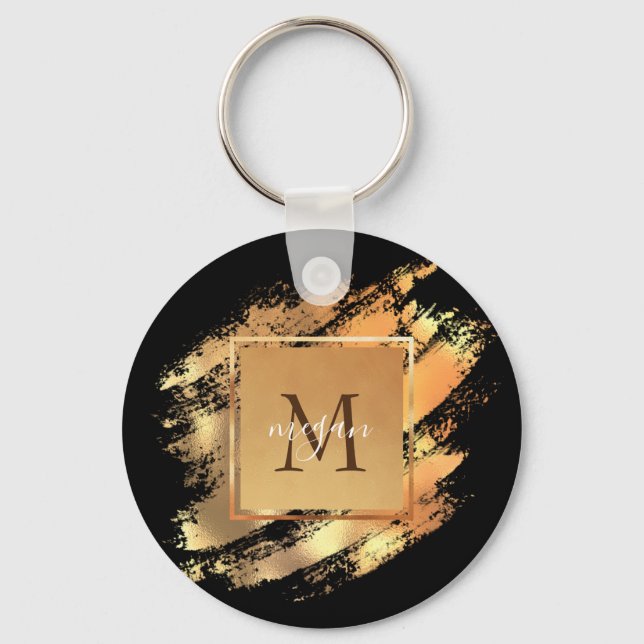 Chic Faux Guld Glam Brushstroke Monogrammed Nyckelring (Framsida)