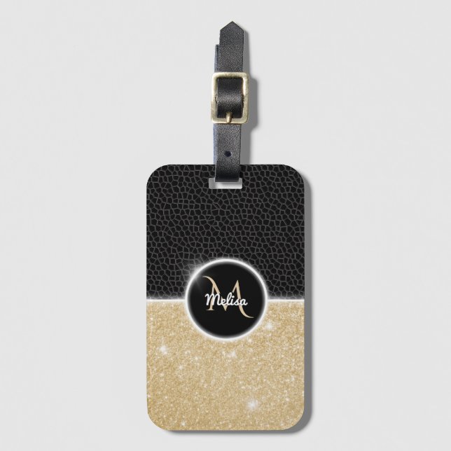 Chic faux Guld Glitter Black Leather Monogram Bagagebricka (Framsida vertikal)
