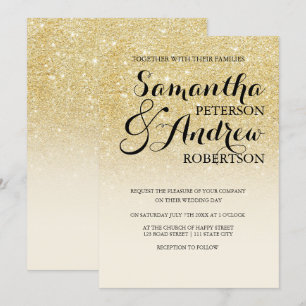 Chic faux guld glitter elfenben benvita bröllop inbjudningar