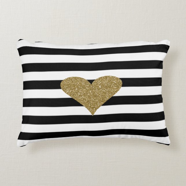 Chic Faux Guld Glittery Heart Black White Rand Prydnadskudde (Framsidan)
