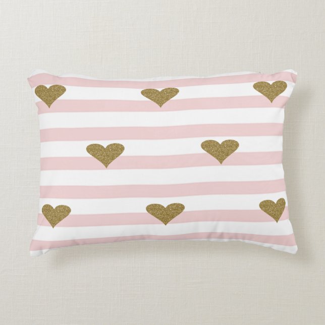 Chic Faux Guld Glittery Hearts Rosa Rand Prydnadskudde (Framsidan)