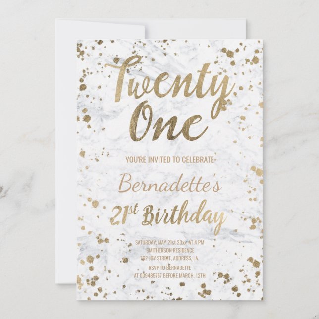 Chic Faux guld konetti white marble 21:a födelseda Inbjudningar (Framsida)