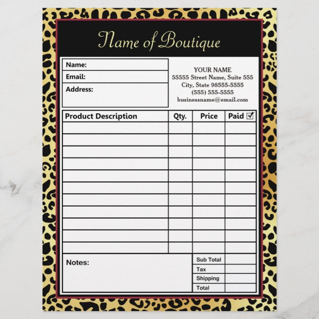 Chic FAUX Guld Leopard Print Boutique Order Form (Framsida)
