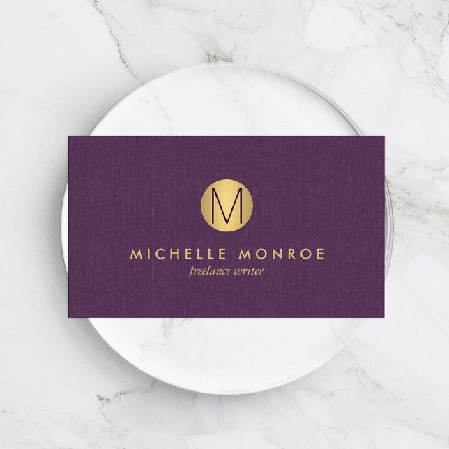 Chic Faux Guld minimalist Monogram Lila Linen Visitkort (Skapare uppladdad)