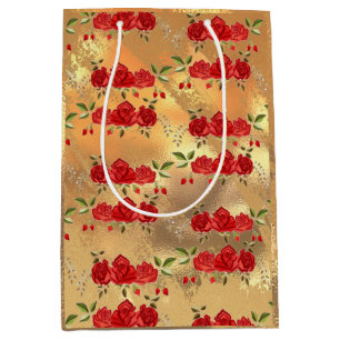 Chic Faux Guld Red Flowers Art Mönster