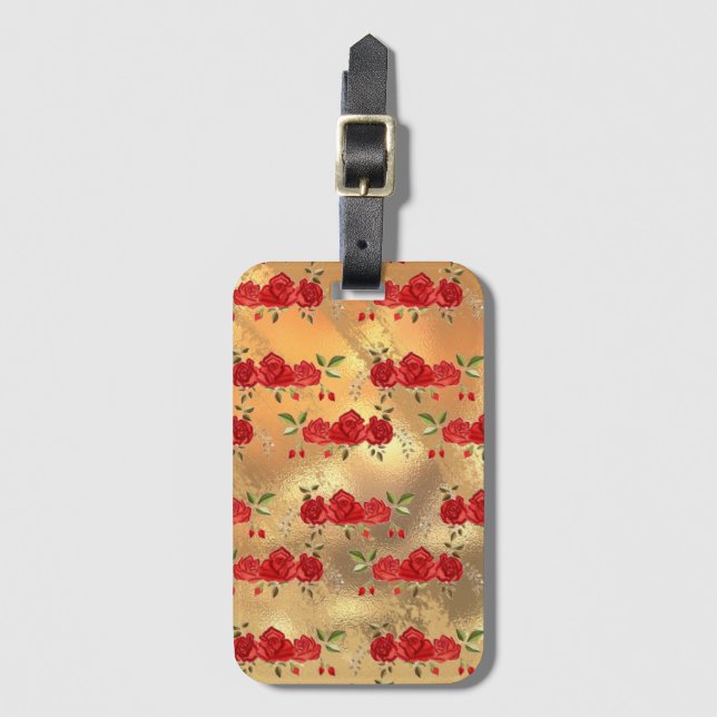 Chic Faux Guld Red Flowers Art Mönster Bagagebricka (Framsida vertikal)