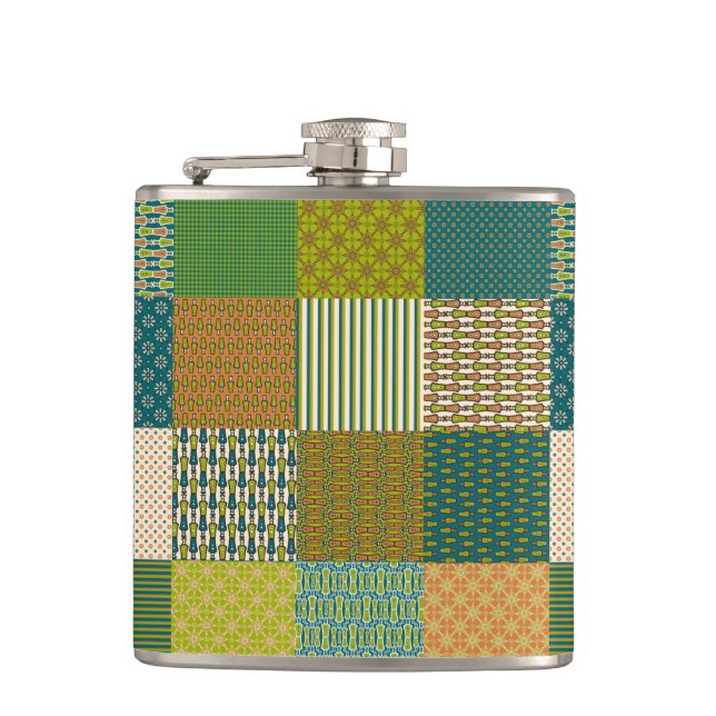 Chic Faux Patchwork, Earth Färg, Hip Flask Fickplunta (Framsidan)