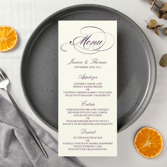 Chic Faux Plum Foil Bröllop Menu Template - Ivory Reklamkort (Skapare uppladdad)