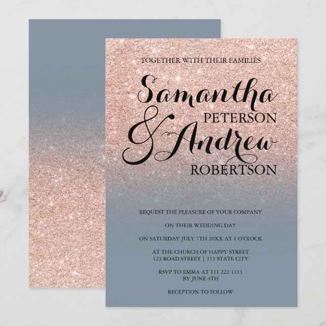 Chic faux ro glitter guld dammiga blått bröllop inbjudningar (Fram/baksida)