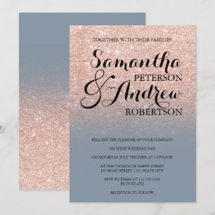 Chic faux ro glitter guld dammiga blått bröllop inbjudningar