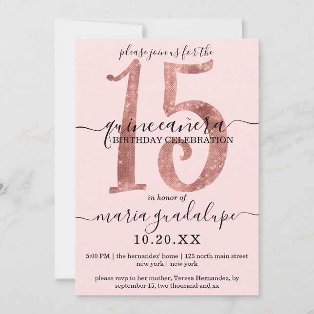 Chic Faux Ro Glitter Guld  Rosa Quinceañera Inbjudningar (Framsida)