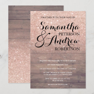 Chic faux ro glitter guld rustik wood bröllop inbjudningar