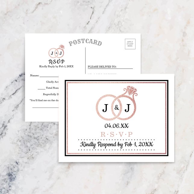 Chic Faux Ro Gold Foil Monogram Bröllop Ringar Inbjudan Vykort (Skapare uppladdad)