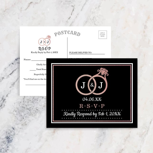 Chic Faux Ro Gold Foil Monogram Bröllop Ringar Inbjudan Vykort (Skapare uppladdad)