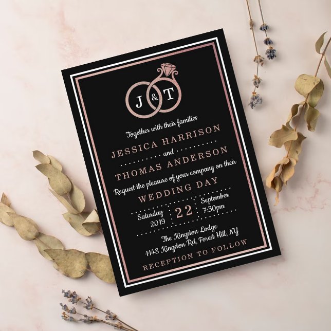 Chic Faux Ro Gold Foil Monogram Bröllop Ringar Inbjudningar (Skapare uppladdad)