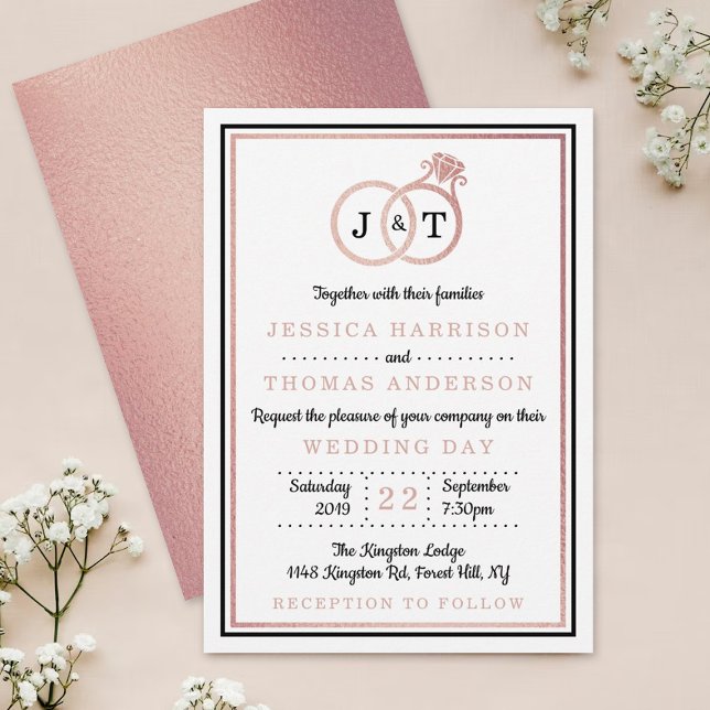 Chic Faux Ro Gold Foil Monogram Bröllop Ringar Inbjudningar (Skapare uppladdad)