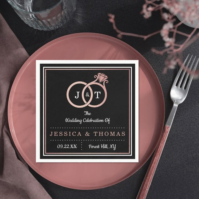 Chic Faux Ro Gold Foil Monogram Bröllop Ringar Pappersservett (Skapare uppladdad)