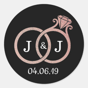 Chic Faux Ro Gold Foil Monogram Bröllop Ringar Runt Klistermärke