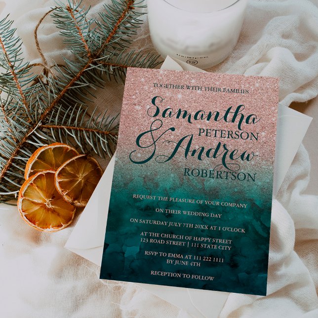 Chic faux ro guld glitter grönt  emerald bröllop inbjudningar (Chic faux rose gold glitter green emerald wedding invitation)